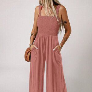 Coral Pink Casual Women's Square Neck Loose Jumpsuit